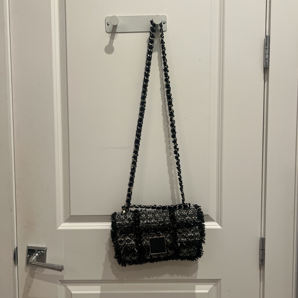 Chic Black and Gray Tweed Shoulder Bag